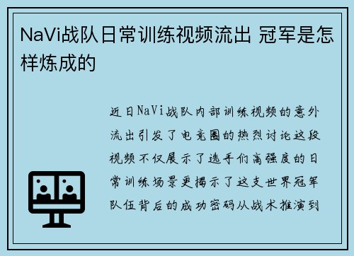 NaVi战队日常训练视频流出 冠军是怎样炼成的