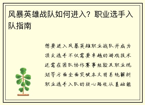 风暴英雄战队如何进入？职业选手入队指南