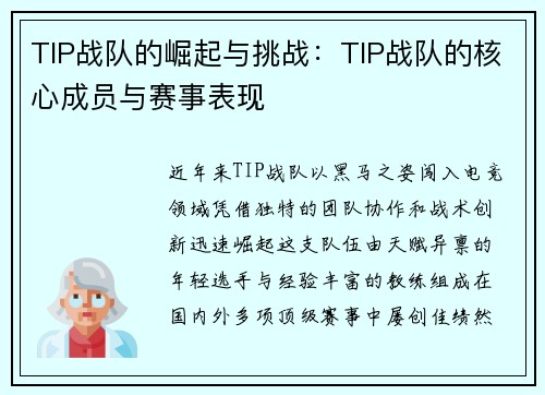 TIP战队的崛起与挑战：TIP战队的核心成员与赛事表现