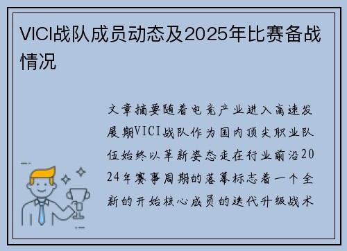 VICI战队成员动态及2025年比赛备战情况