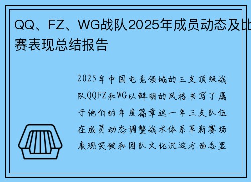 QQ、FZ、WG战队2025年成员动态及比赛表现总结报告