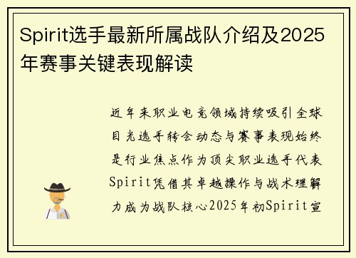 Spirit选手最新所属战队介绍及2025年赛事关键表现解读