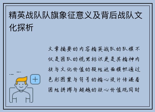 精英战队队旗象征意义及背后战队文化探析