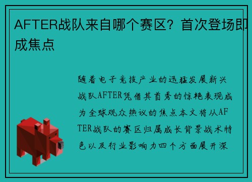 AFTER战队来自哪个赛区？首次登场即成焦点
